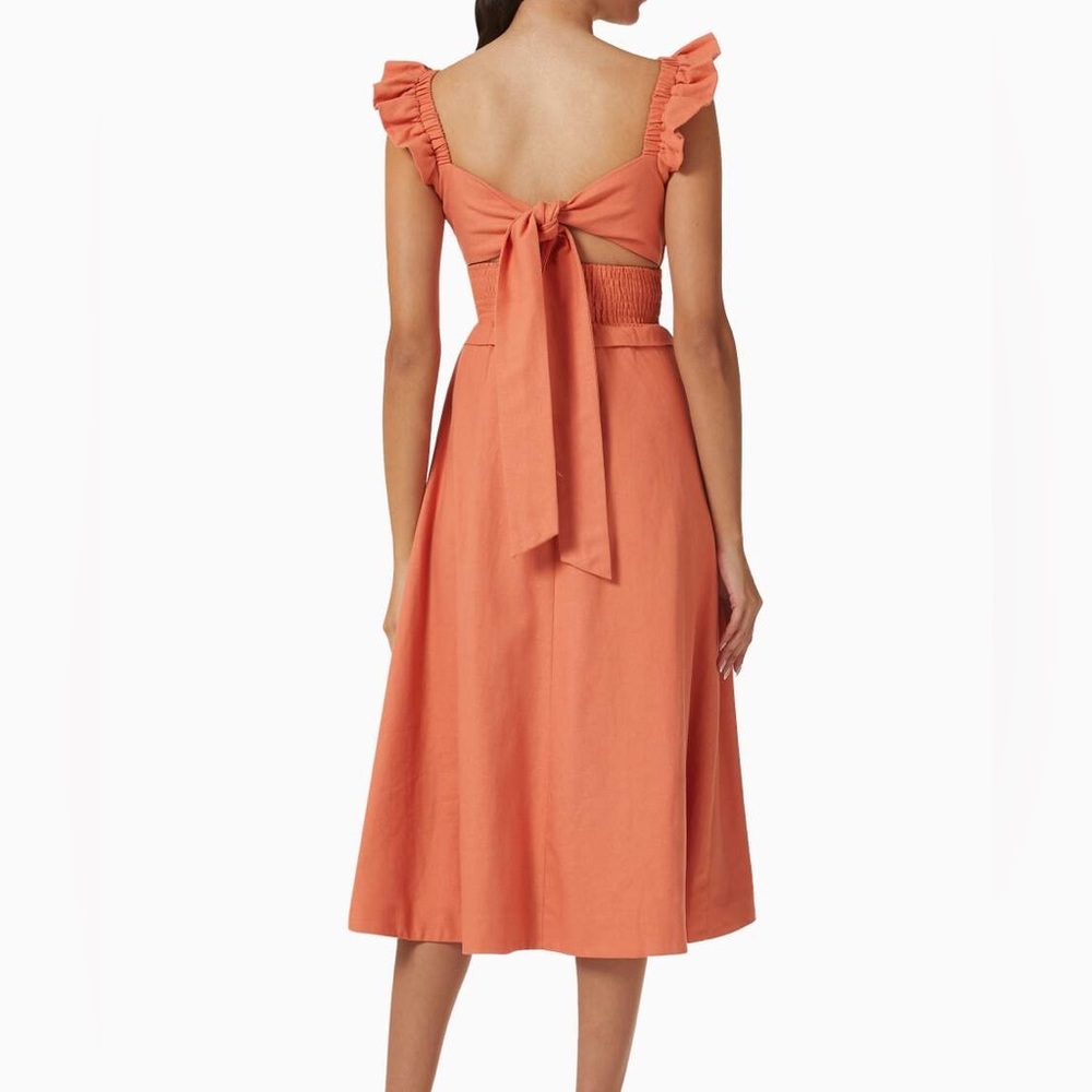 Lavish Alice: Ruffled Tie Back Garden Spring Midi Dress in Coral Linen Blend - Picture 7 of 16